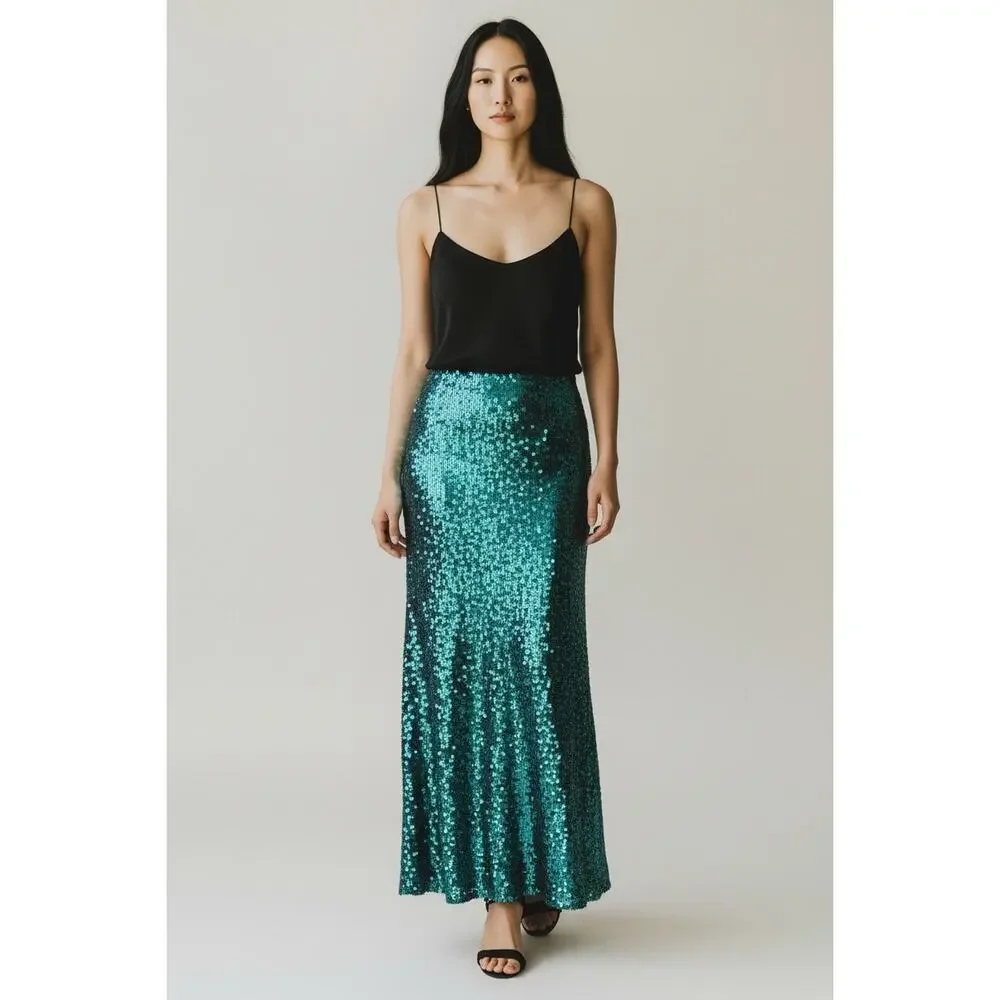 Dress the Population Women's Green Sequin Maxi Skirt Size XS NWOT